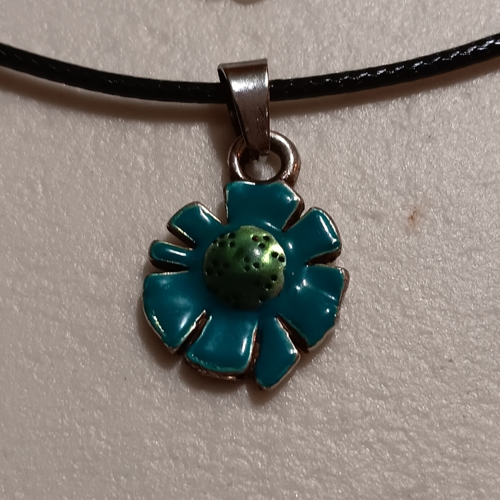 Handmade Necklace with Vintage Teal and Green Flower Pendant